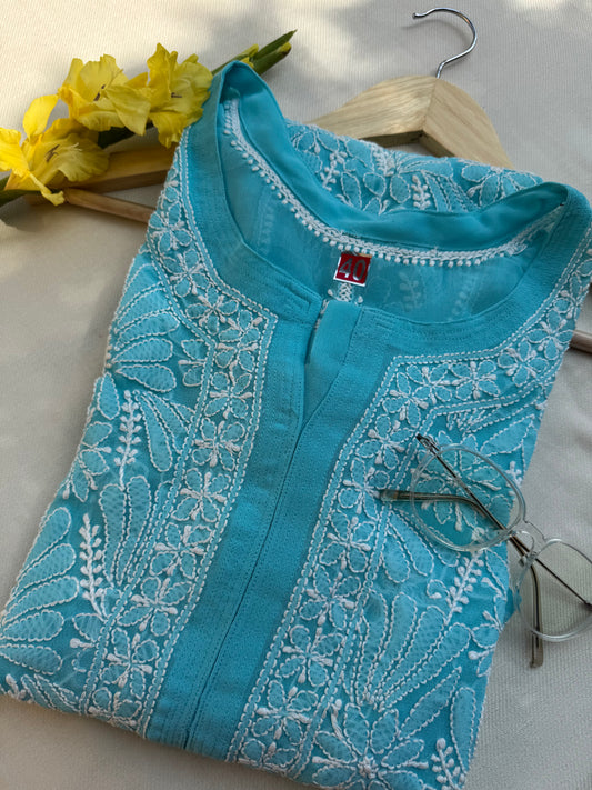 VISCOSE GEORGETTE CHIKANKARI KURTA- SKY BLUE
