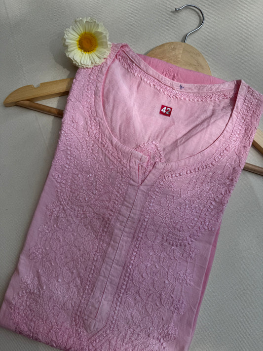 CHANDERI COTTON CHIKANKARI KURTA- PINK OMBRE