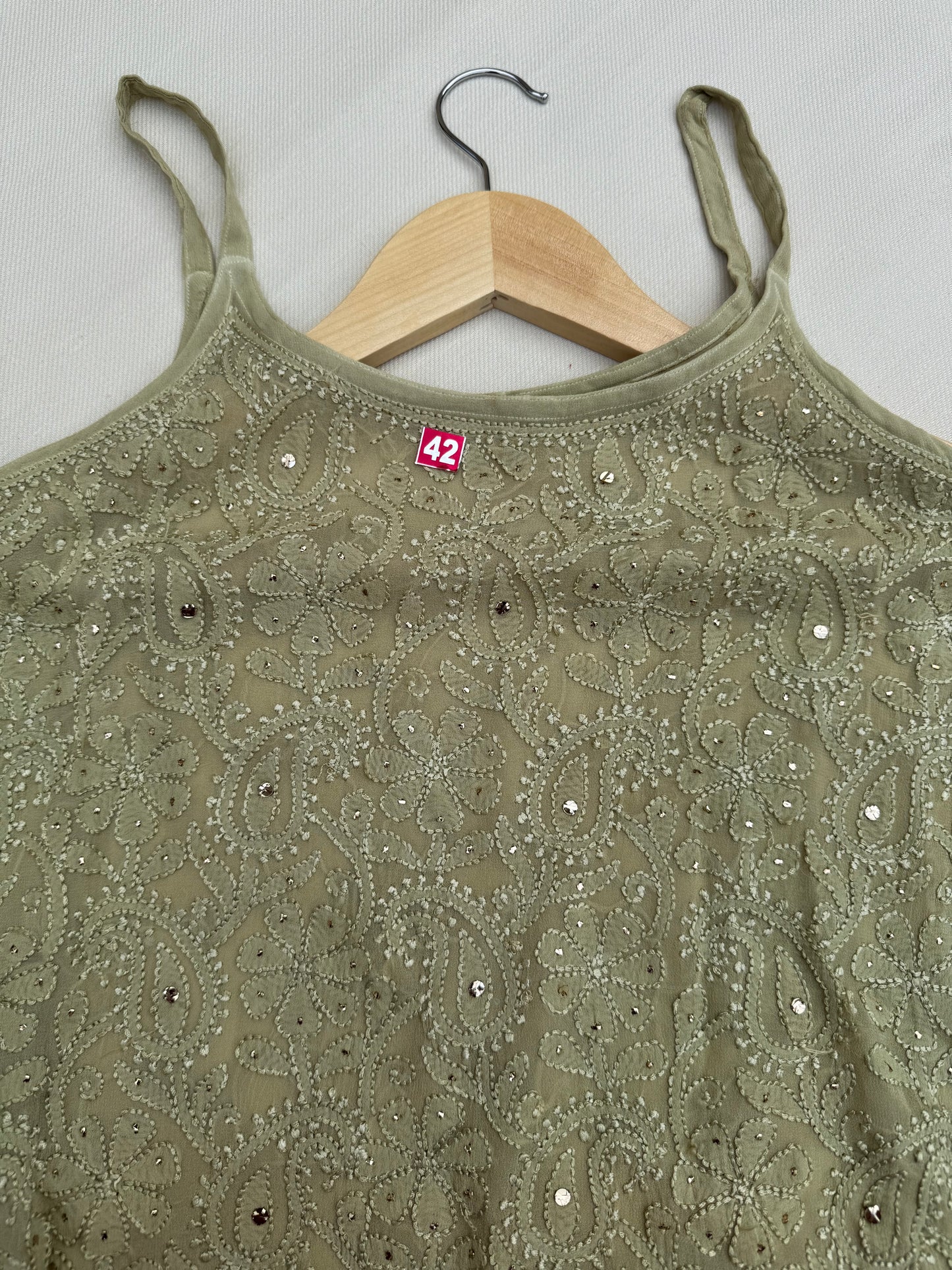 VISCOSE GEORGETTE MUKAISH CHIKANKARI NOODLE STRAP TOP- LIGHT GREEN