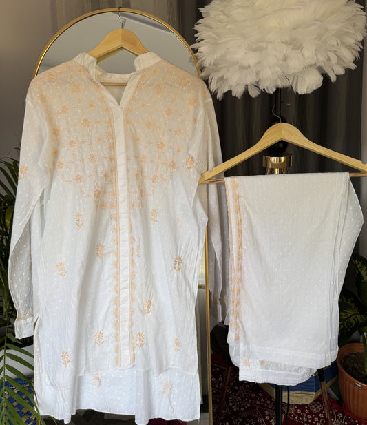SAIRA CHIKANKARI DOBBY COTTON CO-ORD SET- WHITE