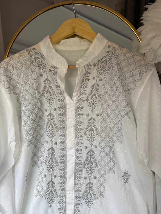 SAIRA CHIKANKARI DOBBY COTTON CO-ORD SET- WHITE