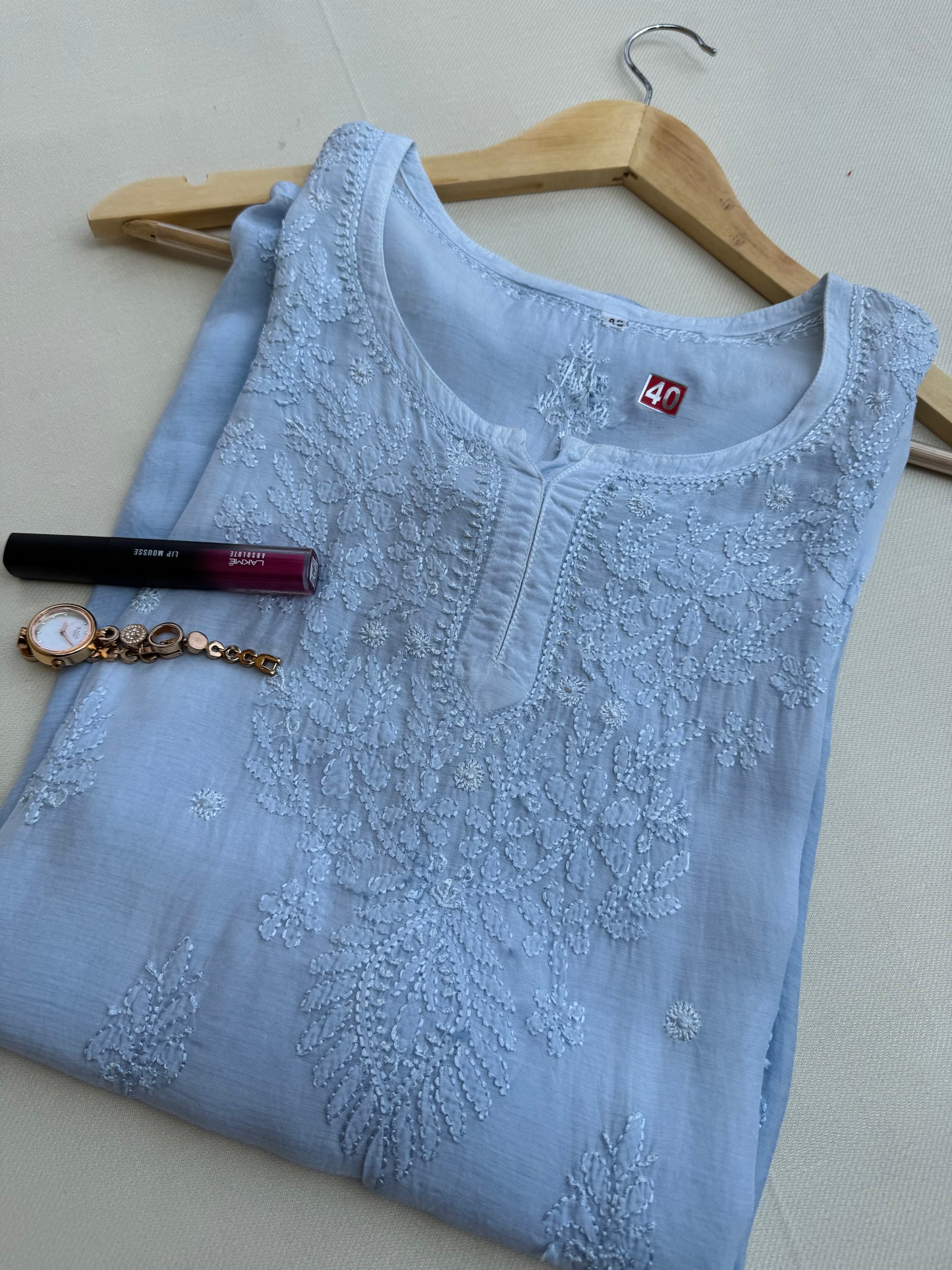 MUSLIN CHIKANKARI SHORT KURTA- SKY BLUE OMBRE