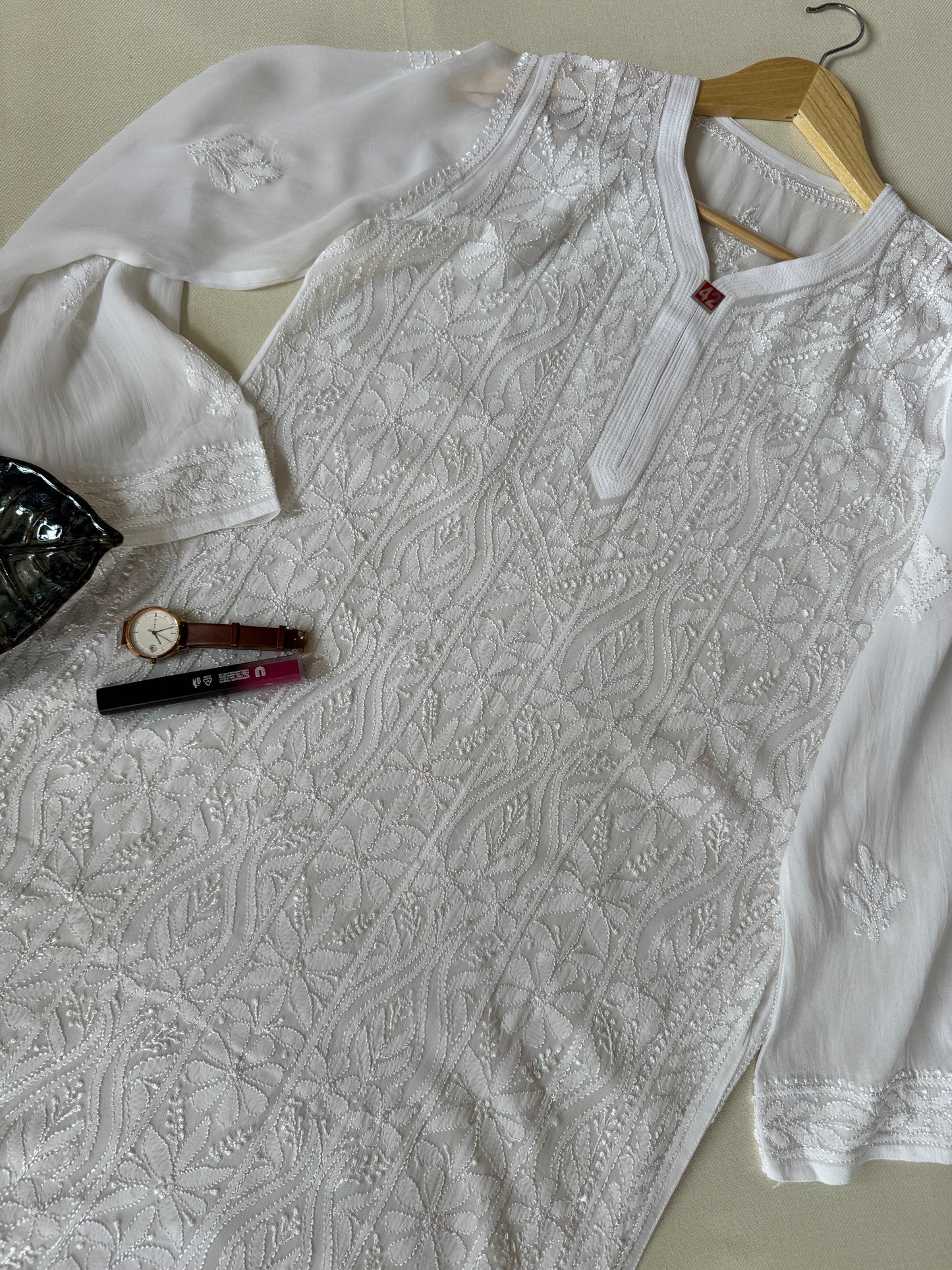 VISCOSE GEORGETTE CHIKANKARI KURTA- WHITE