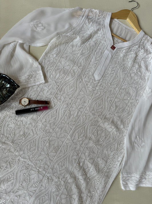 VISCOSE GEORGETTE CHIKANKARI KURTA- WHITE