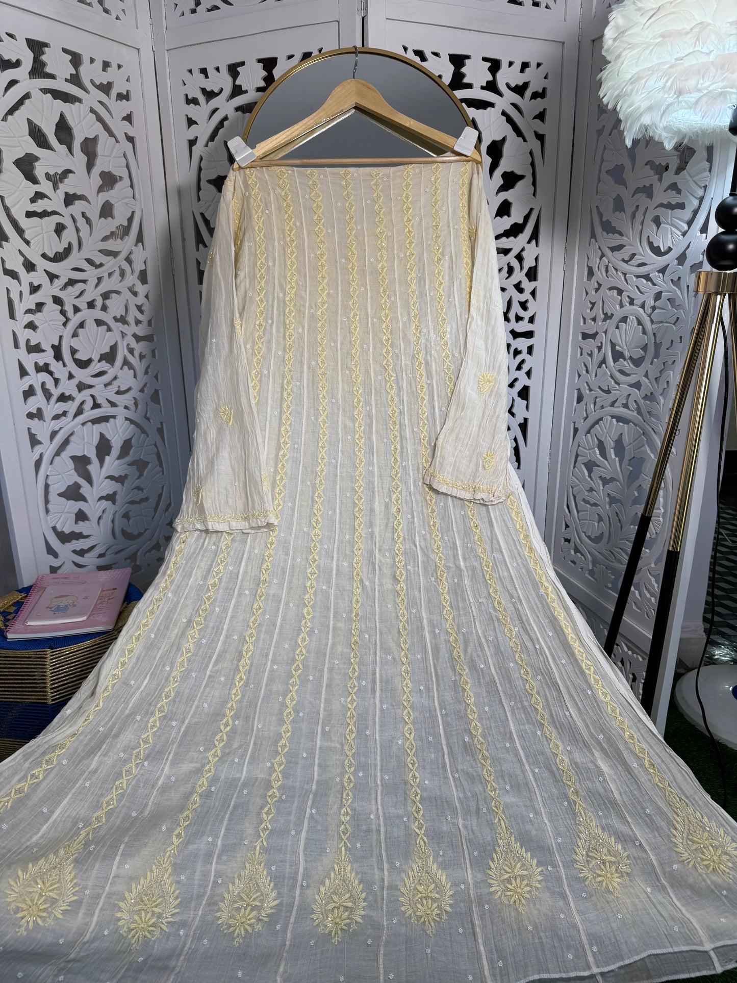 MUL CHANDERI ANARKALI SET SEMI-STITCHED- PASTEL YELLOW