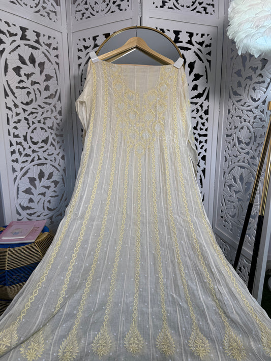 MUL CHANDERI ANARKALI SET SEMI-STITCHED- PASTEL YELLOW