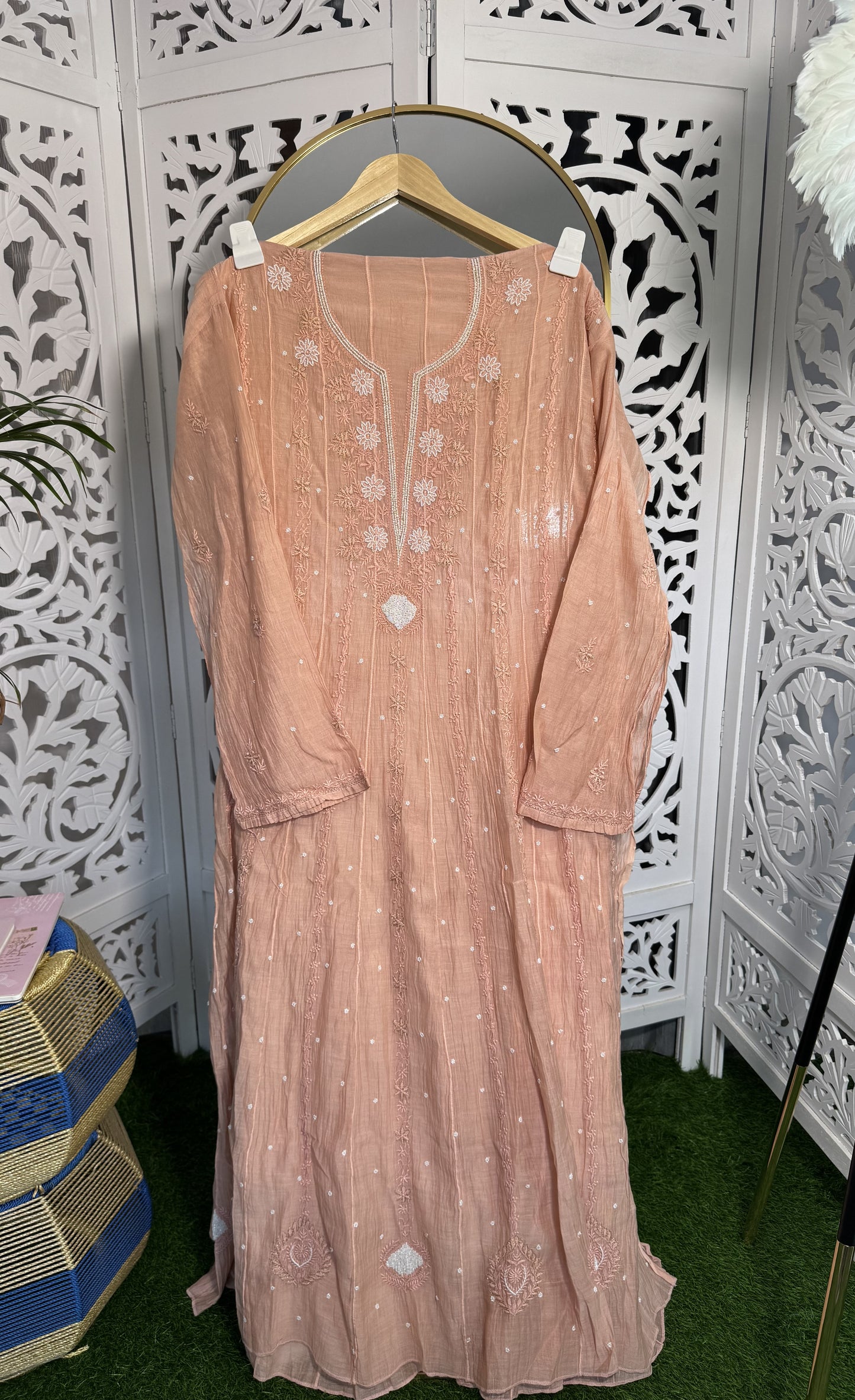 MUL CHANDERI ANARKALI SEMI-STITCHED- PEARL WORK- CREAMY PEACH