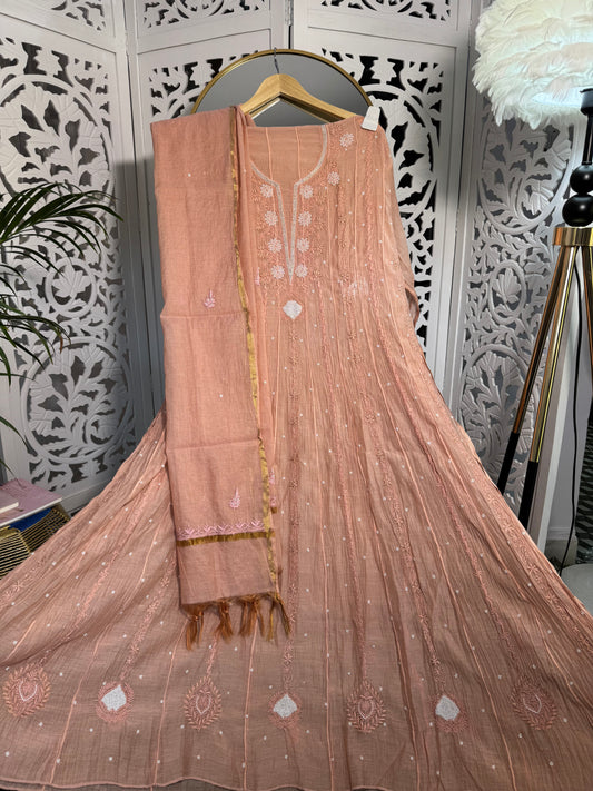 MUL CHANDERI ANARKALI SEMI-STITCHED- PEARL WORK- CREAMY PEACH