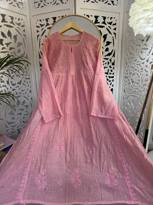 MUL CHANDERI A-LINE KURTA SET SEMI-STITCHED- MUKAISH WORK- PINK PEARL