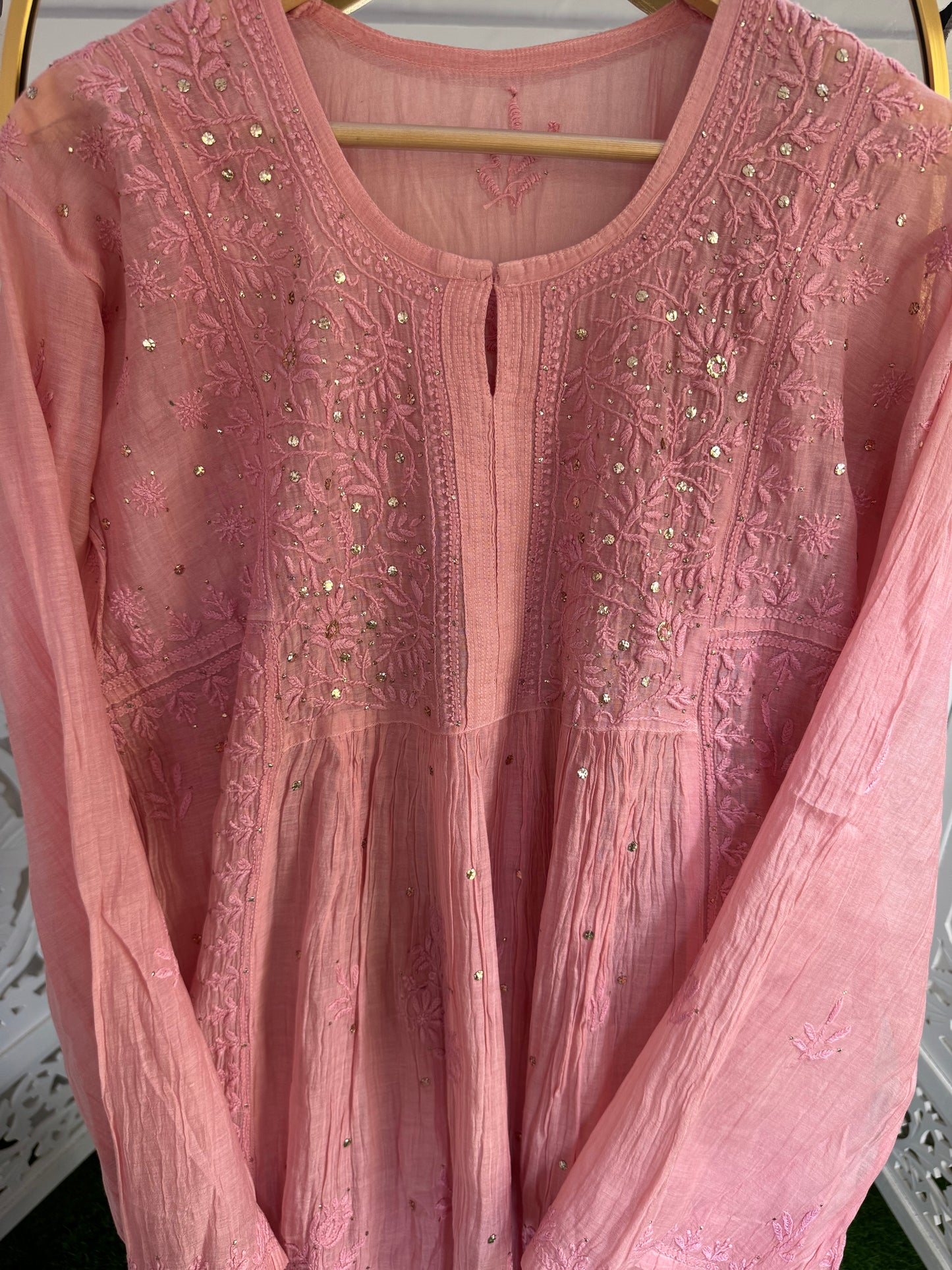 MUL CHANDERI A-LINE KURTA SET SEMI-STITCHED- MUKAISH WORK- PINK PEARL