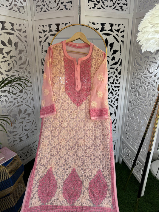 FAUX GEORGETTE ADD-ON RESHAM CHIKANKARI KURTA- LIGHT PINK