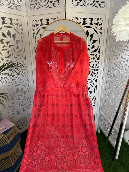 FAUX GEORGETTE ADD-ON RESHAM CHIKANKARI KURTA- RED