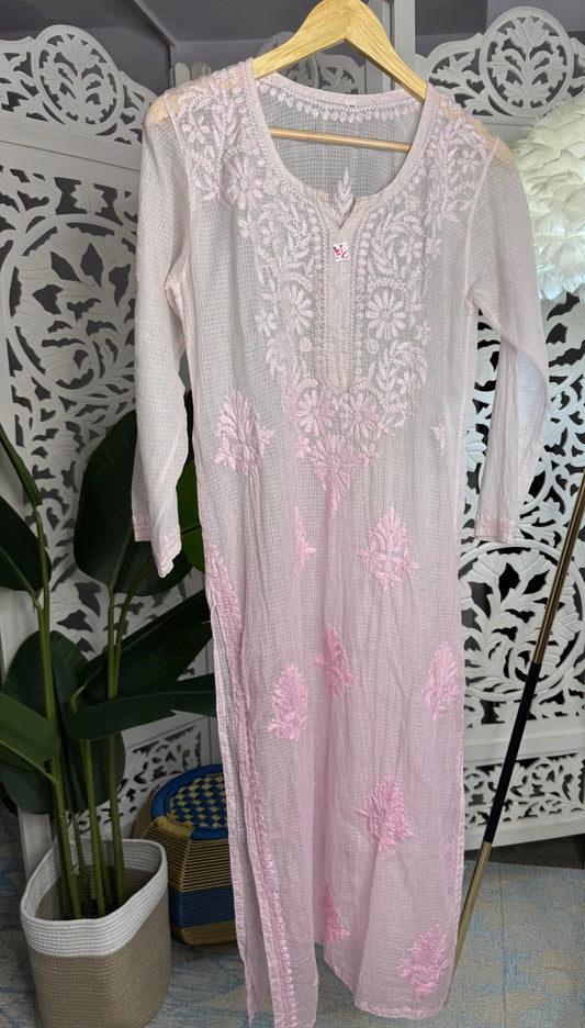 KOTA SOFT COTTON CHIKANKARI KURTA- BABY PINK OMBRE