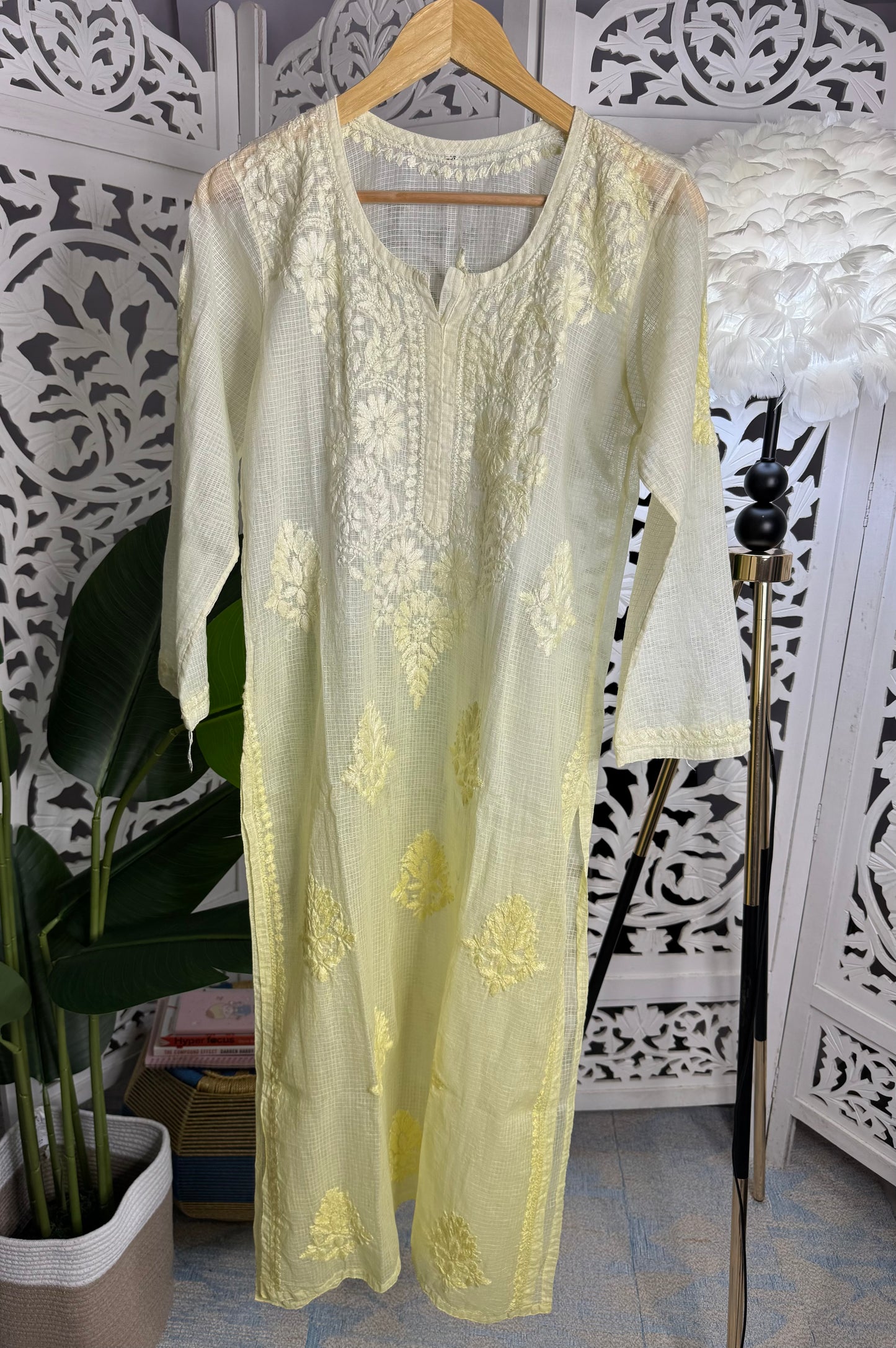 KOTA SOFT COTTON CHIKANKARI KURTA- PASTEL YELLOW OMBRE