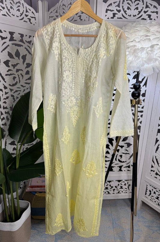 KOTA SOFT COTTON CHIKANKARI KURTA- PASTEL YELLOW OMBRE