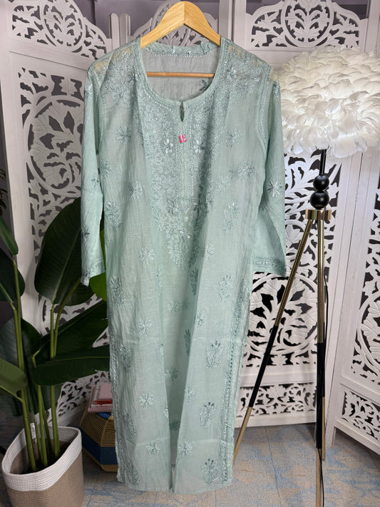 MUL CHANDERI RESHAM CHIKANKARI KURTA- GREEN