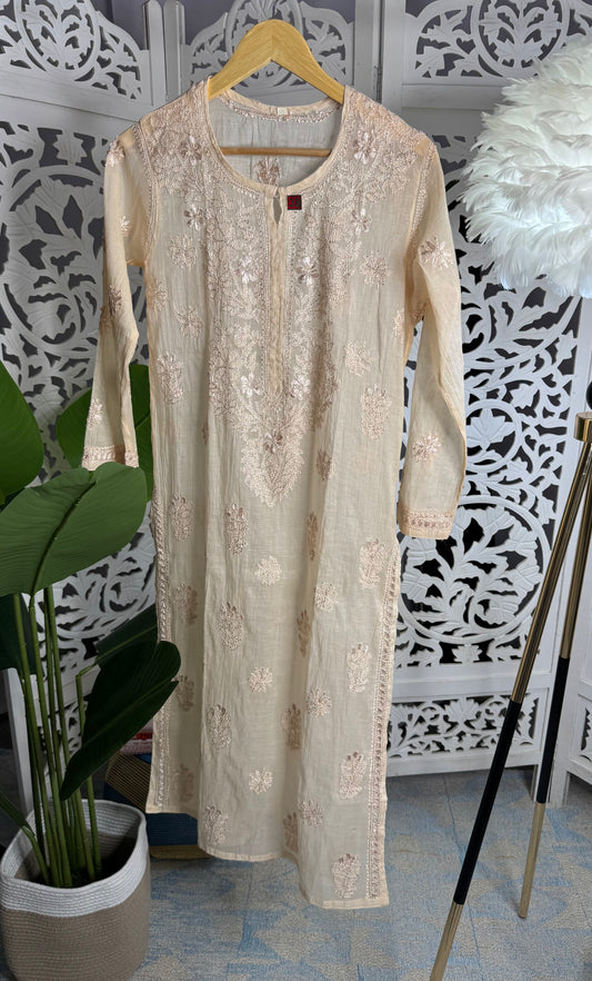 MUL CHANDERI RESHAM CHIKANKARI KURTA- PEACH