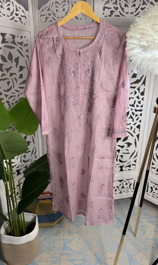 MUL CHANDERI RESHAM CHIKANKARI KURTA- PURPLE