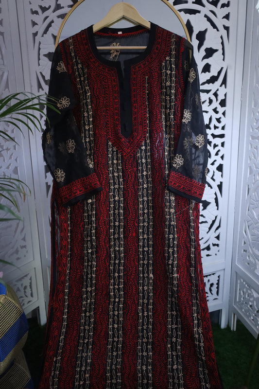 FAUX GEORGETTE ADD-ON RESHAM CHIKANKARI KURTA- BLACK
