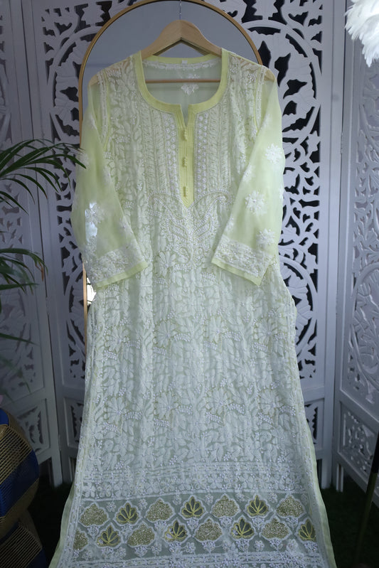 FAUX GEORGETTE ADD-ON RESHAM CHIKANKARI KURTA- LEMON YELLOW