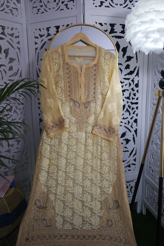 FAUX GEORGETTE ADD-ON RESHAM CHIKANKARI KURTA- WHEAT BEIGE