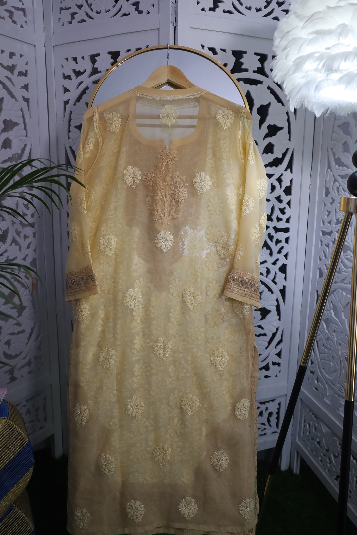 FAUX GEORGETTE ADD-ON RESHAM CHIKANKARI KURTA- WHEAT BEIGE