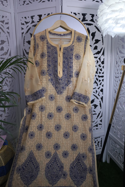 FAUX GEORGETTE ADD-ON RESHAM CHIKANKARI KURTA- MOCASSIN BEIGE