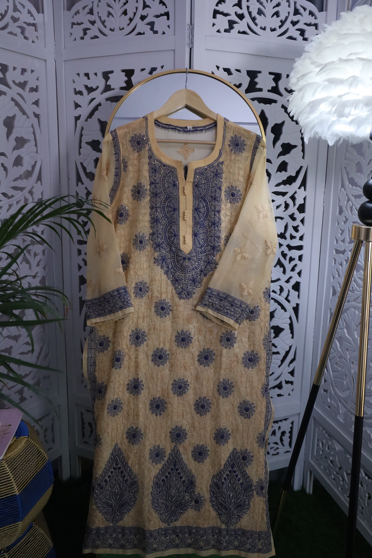 FAUX GEORGETTE ADD-ON RESHAM CHIKANKARI KURTA- MOCASSIN BEIGE