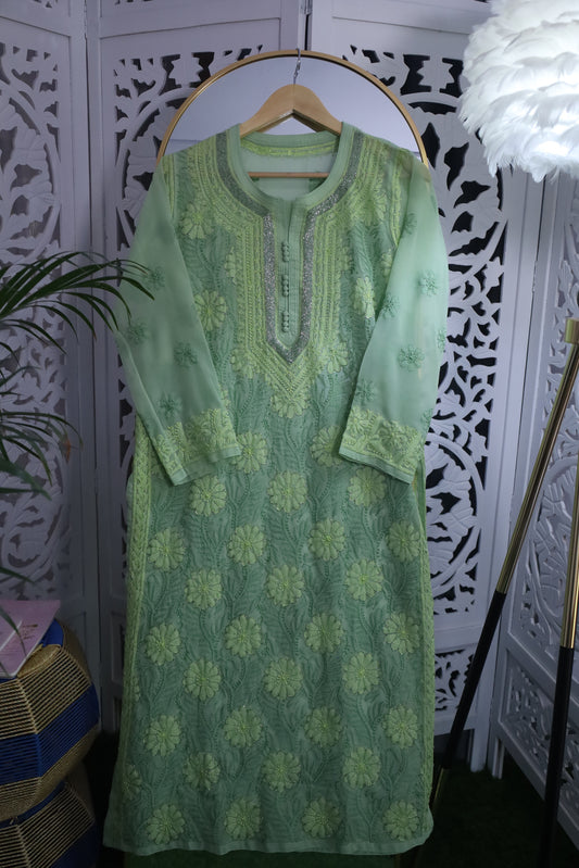 FAUX GEORGETTE ADD-ON RESHAM CHIKANKARI KURTA- PASTEL GREEN