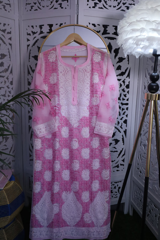 FAUX GEORGETTE RESHAM CHIKANKARI KURTA- BABY PINK