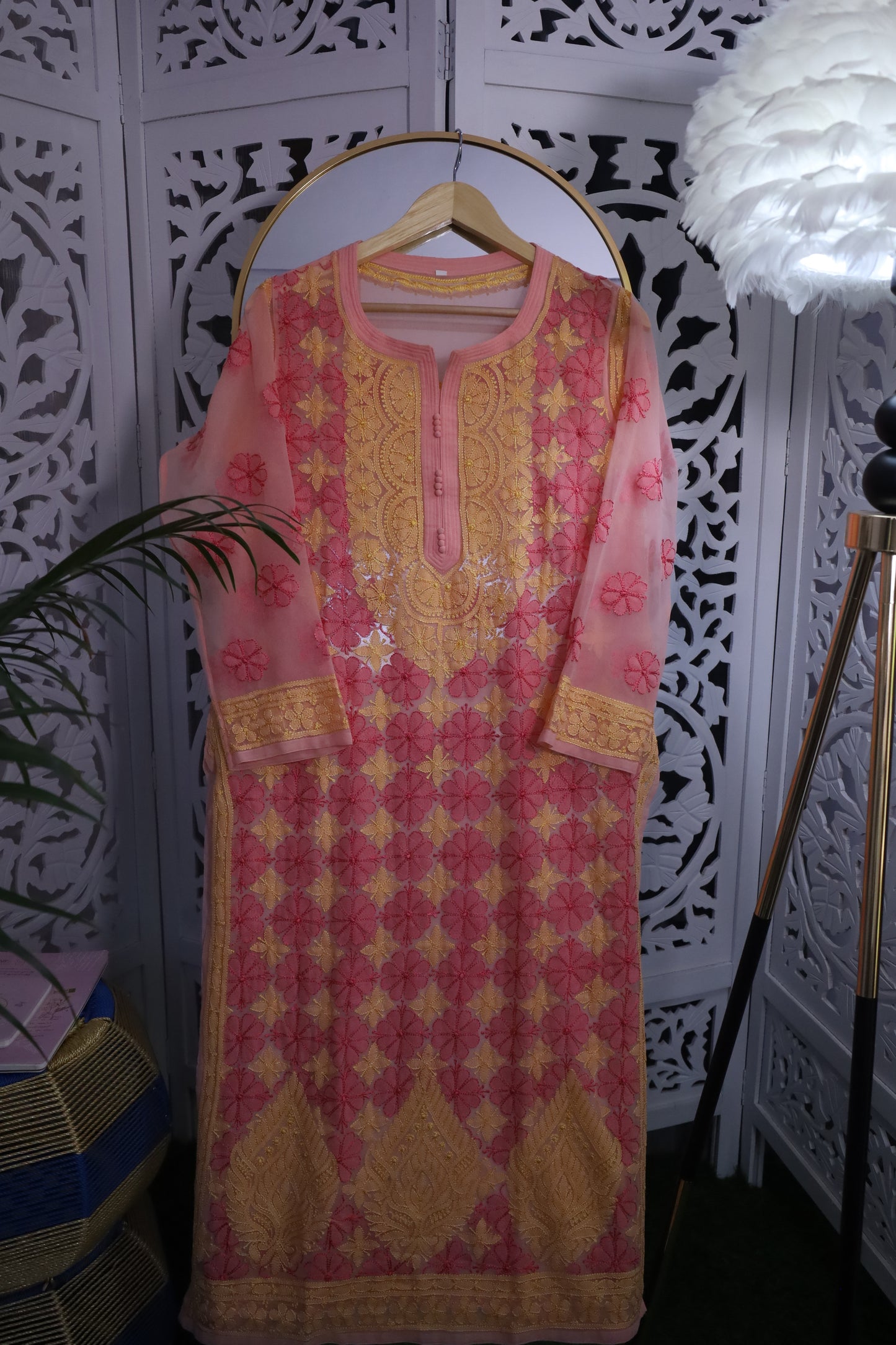 FAUX GEORGETTE RESHAM CHIKANKARI KURTA- PEACH