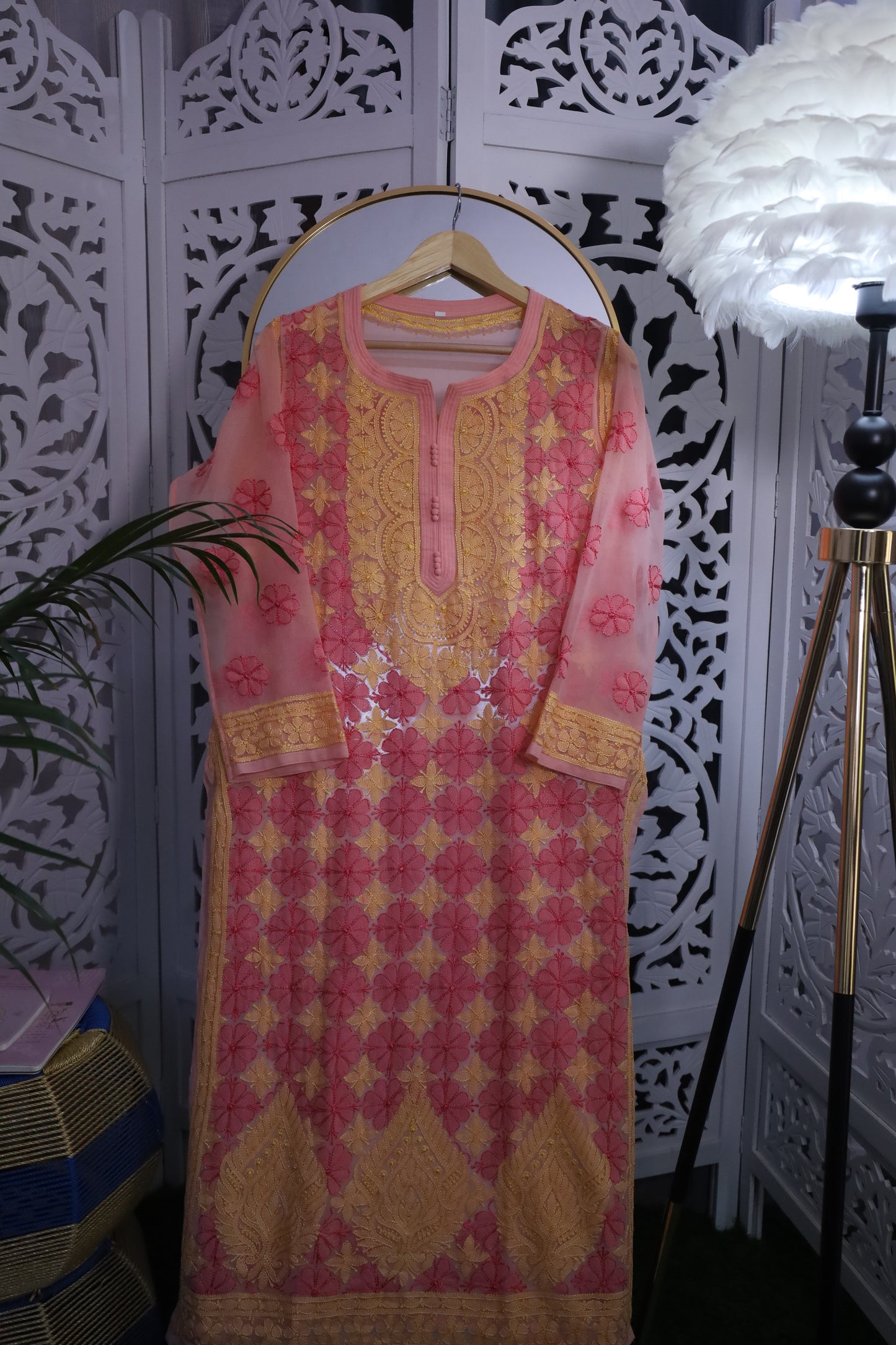 FAUX GEORGETTE RESHAM CHIKANKARI KURTA- PEACH