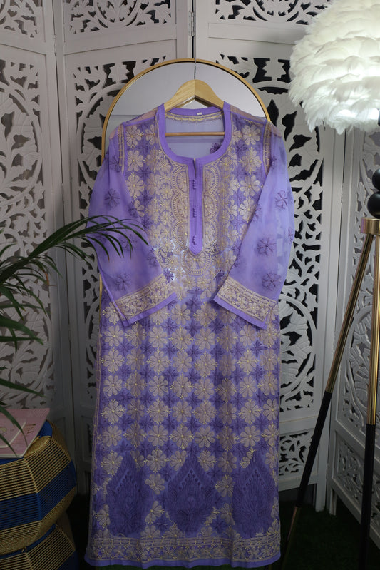 FAUX GEORGETTE RESHAM CHIKANKARI KURTA- AMETHYST PURPLE