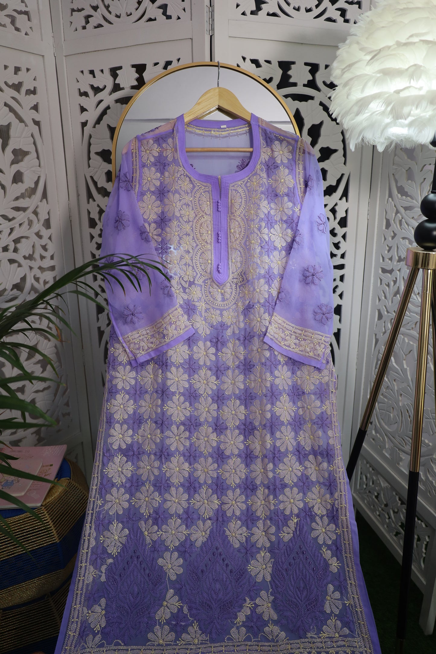 FAUX GEORGETTE RESHAM CHIKANKARI KURTA- AMETHYST PURPLE