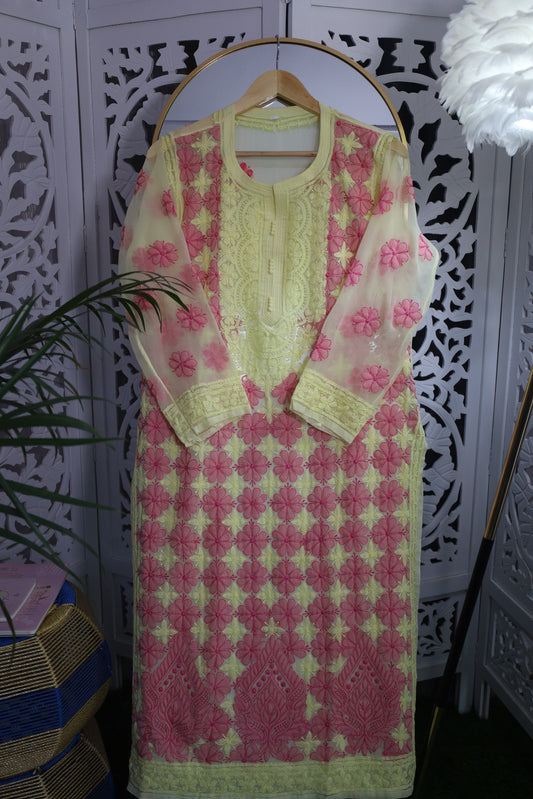 FAUX GEORGETTE RESHAM CHIKANKARI KURTA- YELLOW