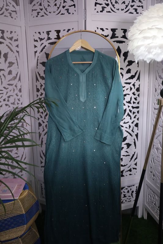 VISCOSE GEORGETTE RESHAM MUKAISH CHIKANKARI KURTA- PINE GREEN OMBRE