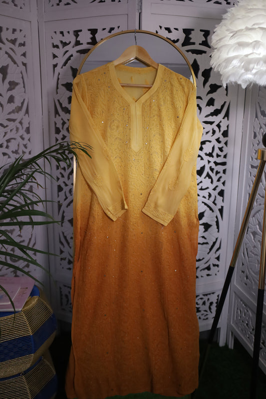 VISCOSE GEORGETTE RESHAM MUKAISH CHIKANKARI KURTA- YELLOW OMBRE