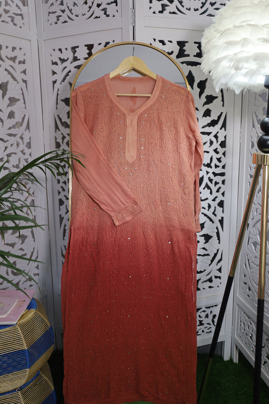 VISCOSE GEORGETTE RESHAM MUKAISH CHIKANKARI KURTA- CHESTNUT BROWN OMBRE