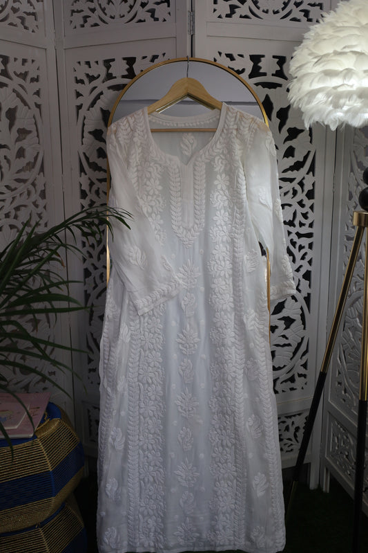 VISCOSE GEORGETTE PANEL 3D CHIKANKARI KURTA- WHITE