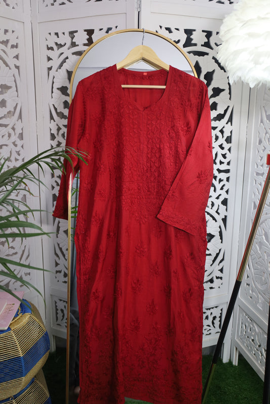 CHANDERI CHIKANKARI PALAZZO SET- DARK RED