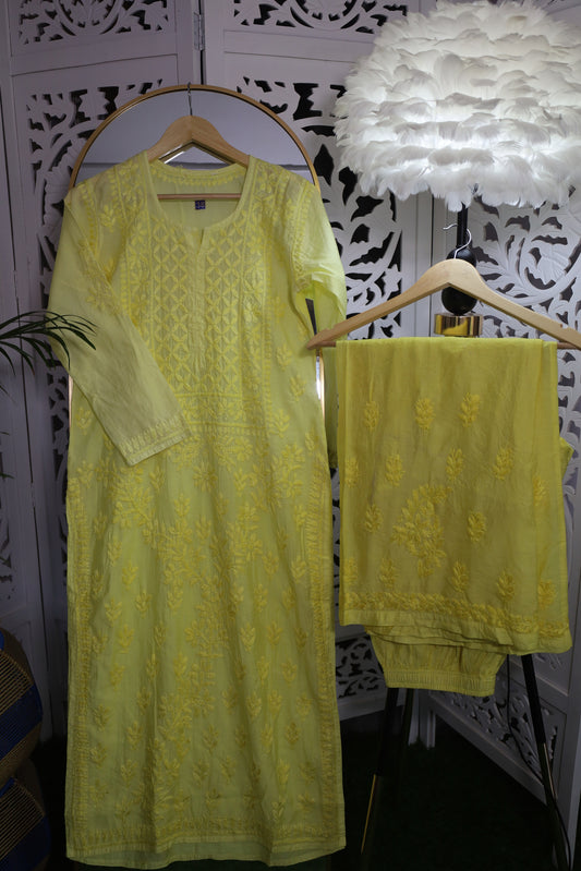 CHANDERI CHIKANKARI PALAZZO SET- LEMON GREEN