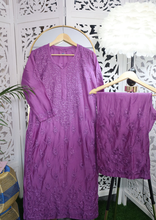CHANDERI CHIKANKARI PALAZZO SET- LAVENDER