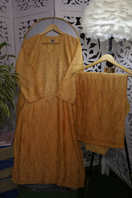 CHANDERI CHIKANKARI PALAZZO SET- GOLDEN