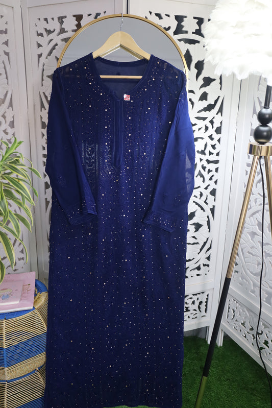 VISCOSE GEORGETTE RESHAM MUKAISH CHIKANKARI KURTA- MIDNIGHT BLUE