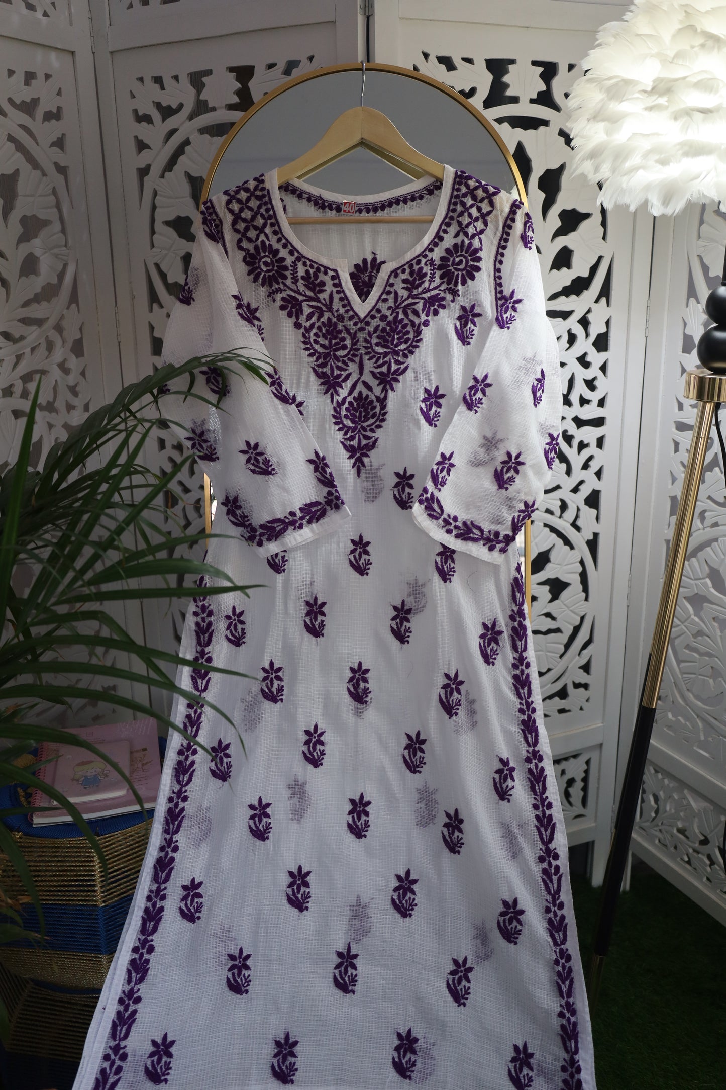 KOTA SOFT COTTON 3D CHIKANKARI KURTA- PURPLE