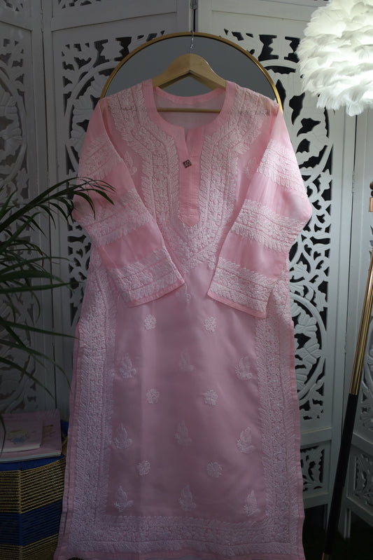 COTTON CHIKANKARI LONG KURTA- LIGHT PINK