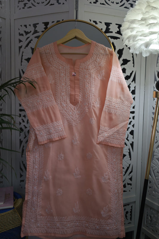 COTTON CHIKANKARI LONG KURTA- PALE ORANGE