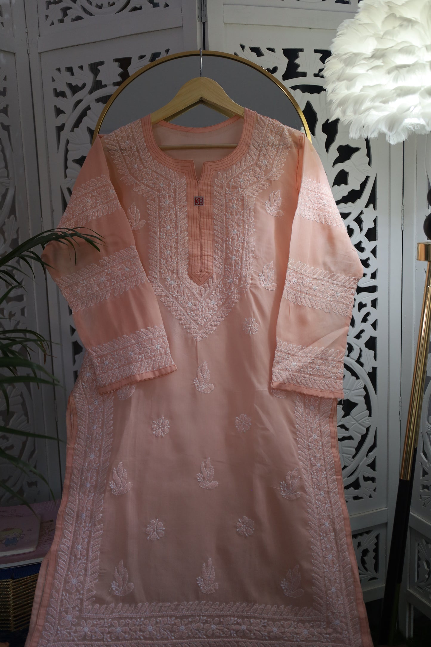 COTTON CHIKANKARI LONG KURTA- PALE ORANGE