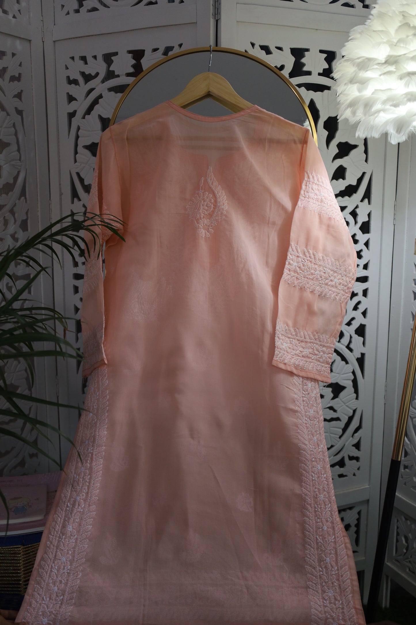 COTTON CHIKANKARI LONG KURTA- PALE ORANGE
