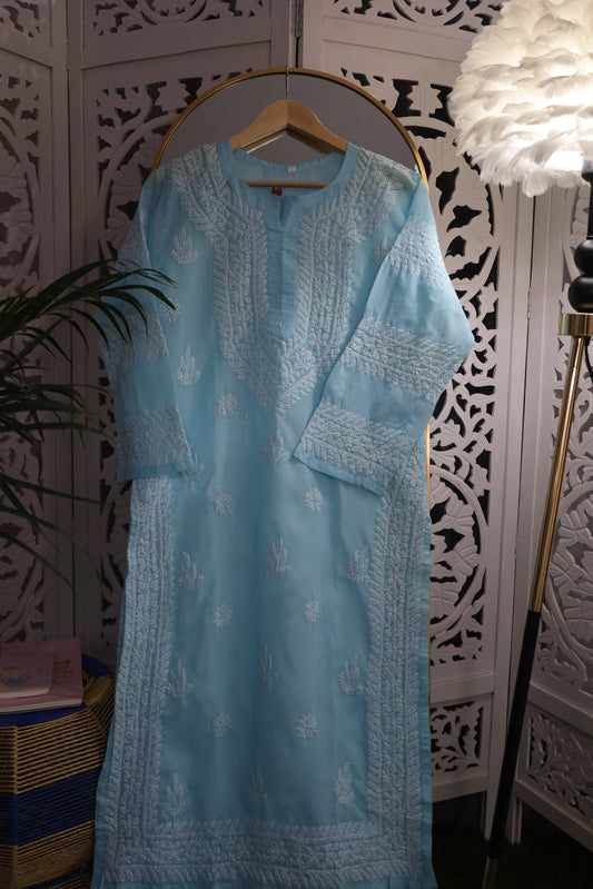 COTTON CHIKANKARI LONG KURTA- SKY BLUE